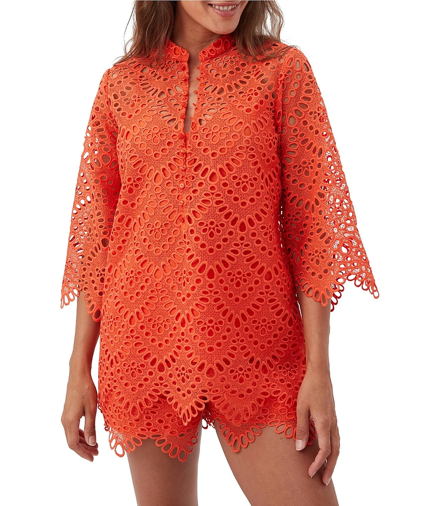 Trina Turk Martigues Lernis Lace Button Mandarin Collar 3/4 Bell Sleeve Top