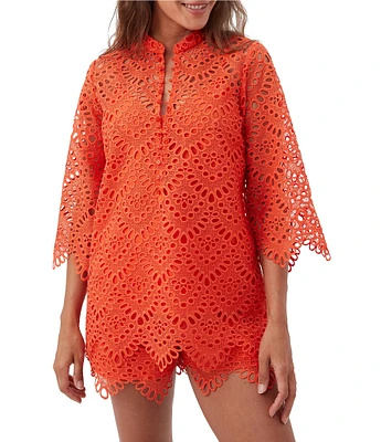 Trina Turk Martigues Lernis Lace Button Mandarin Collar 3/4 Bell Sleeve Top