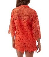 Trina Turk Martigues Lernis Lace Button Mandarin Collar 3/4 Bell Sleeve Top