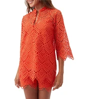 Trina Turk Martigues Lernis Lace Button Mandarin Collar 3/4 Bell Sleeve Top