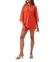 Trina Turk Martigues Lernis Lace Button Mandarin Collar 3/4 Bell Sleeve Top