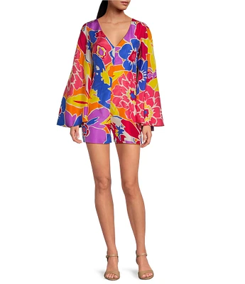 Trina Turk Miera Floral Print V-Neck Long Bell Sleeve Romper