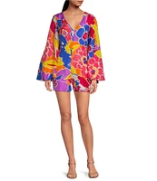 Trina Turk Miera Floral Print V-Neck Long Bell Sleeve Romper