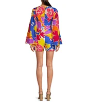 Trina Turk Miera Floral Print V-Neck Long Bell Sleeve Romper