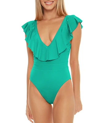 Trina Turk Monaco Solid Ruffle Plunge V-Neck One Piece Swimsuit