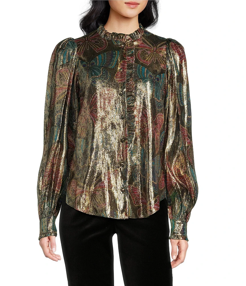 Trina Turk Mystical Monarch Silk Metallic Ruffle Collar Long Sleeve Top