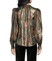 Trina Turk Mystical Monarch Silk Metallic Ruffle Collar Long Sleeve Top