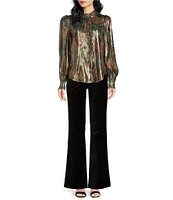 Trina Turk Mystical Monarch Silk Metallic Ruffle Collar Long Sleeve Top