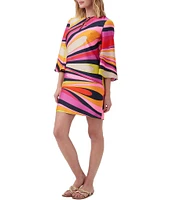 Trina Turk Nallia Satin Georgette Wynwood Waves Abstract Print Wide 3/4 Sleeve Shift Dress