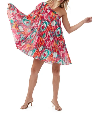 Trina Turk Narbonne Abstract Print Crinkle Georgette Pleated One Shoulder Dress