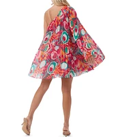 Trina Turk Narbonne Abstract Print Crinkle Georgette Pleated One Shoulder Dress