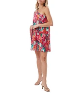 Trina Turk Narbonne Abstract Print Crinkle Georgette Pleated One Shoulder Dress