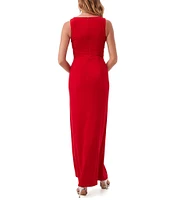 Trina Turk Nevie Carina Crepe Boatneck Sleeveless Buckle Shoulder Column Maxi Dress