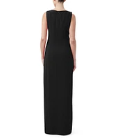 Trina Turk Nevie Carina Crepe Boatneck Sleeveless Buckle Shoulder Column Maxi Dress