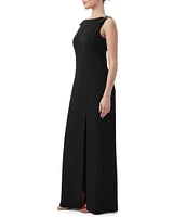 Trina Turk Nevie Carina Crepe Boatneck Sleeveless Buckle Shoulder Column Maxi Dress