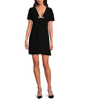 Trina Turk Obelle Luxe Drape Suiting Rhinestone Trim V-Neck Short Sleeve Dress