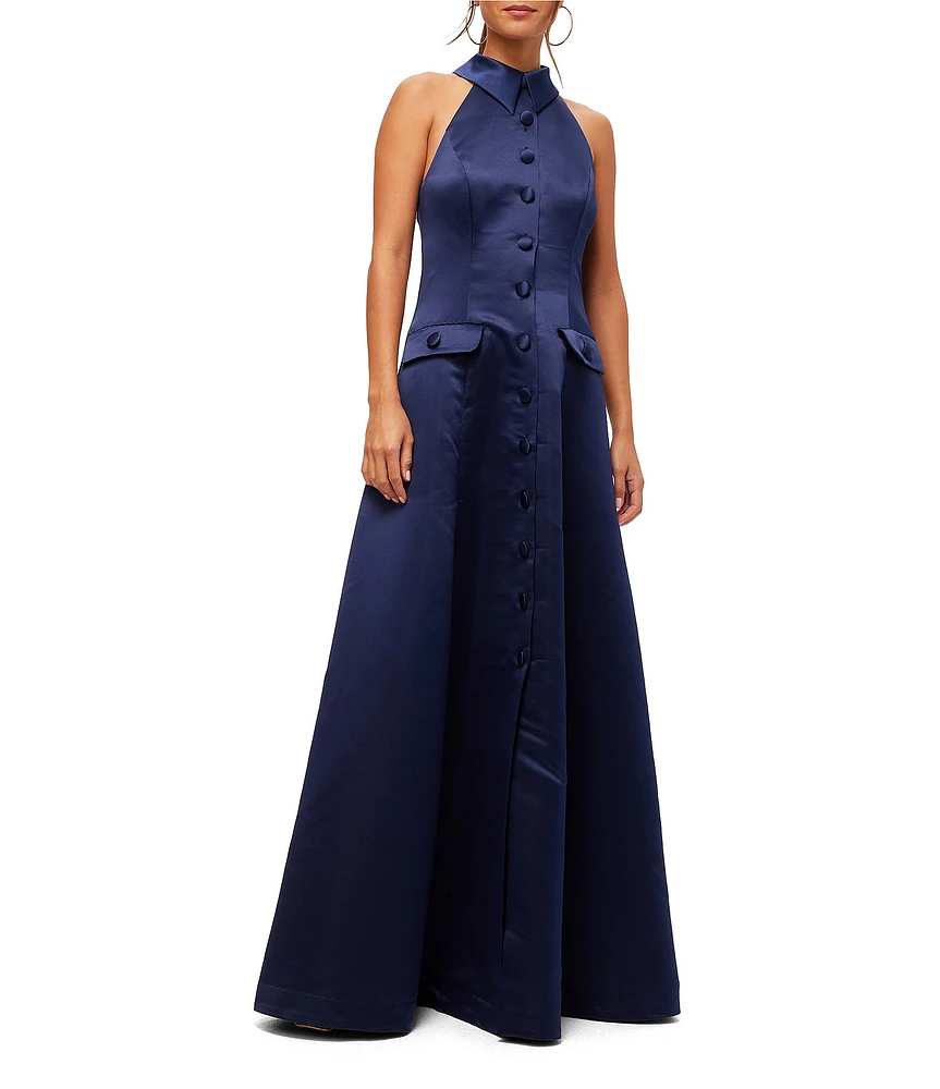 Trina Turk Official Satin Halter Collar Sleeveless Gown