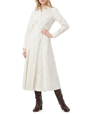 Trina Turk Omari Woven Stripe Print Point Collar Long Sleeve Button Front Shirt Dress