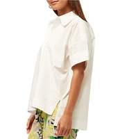 Trina Turk Opponent Stretch Poplin Point Collar Short Sleeve High Low Top