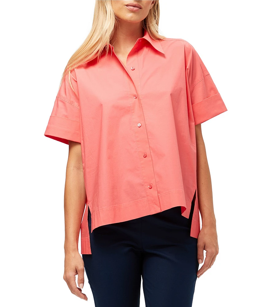 Trina Turk Opponent Stretch Poplin Point Collar Short Sleeve High Low Top