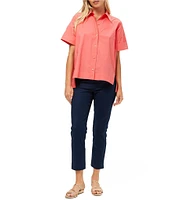 Trina Turk Opponent Stretch Poplin Point Collar Short Sleeve High Low Top
