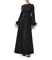 Trina Turk Orla Slinky Jersey Round Neck Long Sleeve Feather Cuff Maxi Dress