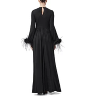 Trina Turk Orla Slinky Jersey Round Neck Long Sleeve Feather Cuff Maxi Dress