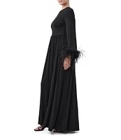 Trina Turk Orla Slinky Jersey Round Neck Long Sleeve Feather Cuff Maxi Dress