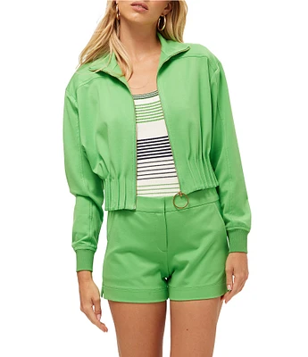 Trina Turk Outrun Ponte Collar Long Sleeve Pleated Waist Cropped Jacket