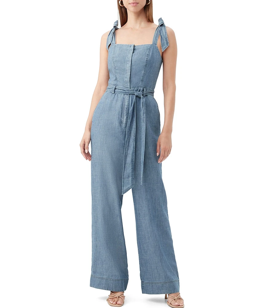 Trina Turk Pago Chambray Denim Square Neck Sleeveless Belted Wide-Leg Jumpsuit