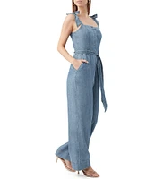 Trina Turk Pago Chambray Denim Square Neck Sleeveless Belted Wide-Leg Jumpsuit