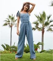 Trina Turk Pago Chambray Denim Square Neck Sleeveless Belted Wide-Leg Jumpsuit