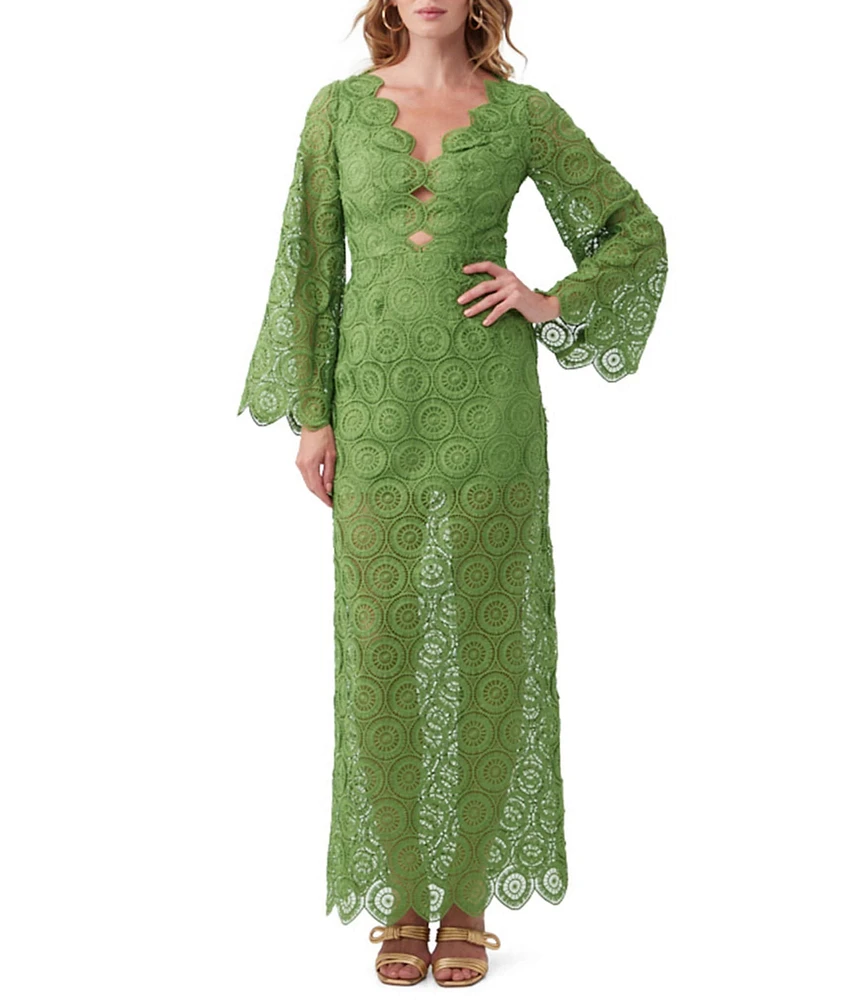 Trina Turk Pahala Geometric Sheer Lace V-Neck Long Sleeve Keyhole Detail Maxi Sheath Dress