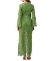 Trina Turk Pahala Geometric Sheer Lace V-Neck Long Sleeve Keyhole Detail Maxi Sheath Dress