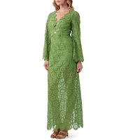 Trina Turk Pahala Geometric Sheer Lace V-Neck Long Sleeve Keyhole Detail Maxi Sheath Dress