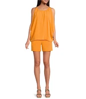 Trina Turk Pommes Double Georgette Flat Front Mid Rise Shorts