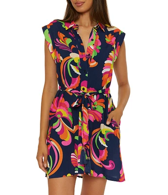 Trina Turk Poolside Swirl Texture Woven Button Front Shirt Dress Swim Cover-Up