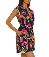 Trina Turk Poolside Swirl Texture Woven Button Front Shirt Dress Swim Cover-Up