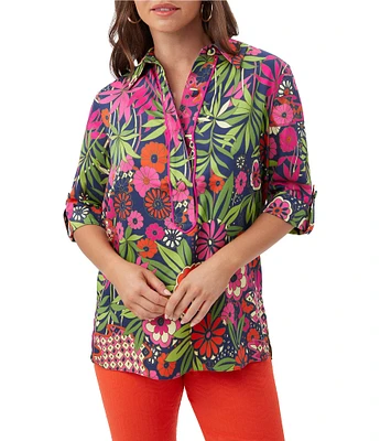 Trina Turk Portrait Floral Print Point Collar Elbow Sleeve Top
