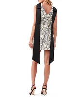 Trina Turk Priscilla Textured Woven Embossed Floral Print Round Neck Sleeveless Satin Bow Sheath Dress