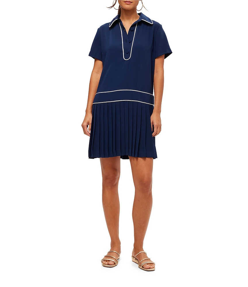 Trina Turk Racquet Georgette Point Collar Short Sleeve Pleated Dress