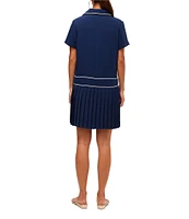 Trina Turk Racquet Georgette Point Collar Short Sleeve Pleated Dress