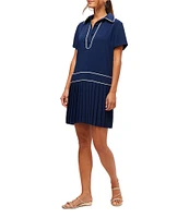 Trina Turk Racquet Georgette Point Collar Short Sleeve Pleated Dress