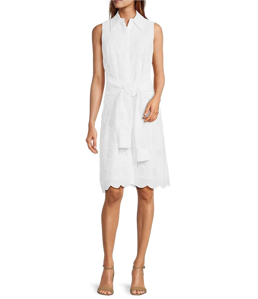 Trina Turk Rally Eyelet Point Collar Sleeveless Tie Front Scallop Dress