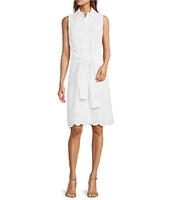 Trina Turk Rally Eyelet Point Collar Sleeveless Tie Front Scallop Dress