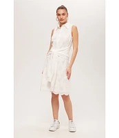 Trina Turk Rally Eyelet Point Collar Sleeveless Tie Front Scallop Dress