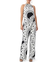 Trina Turk Rancho Knit Jersey Art Deco Print Halter Neck Sleeveless Wide-Leg Jumpsuit