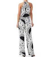 Trina Turk Rancho Knit Jersey Art Deco Print Halter Neck Sleeveless Wide-Leg Jumpsuit