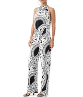 Trina Turk Rancho Knit Jersey Art Deco Print Halter Neck Sleeveless Wide-Leg Jumpsuit