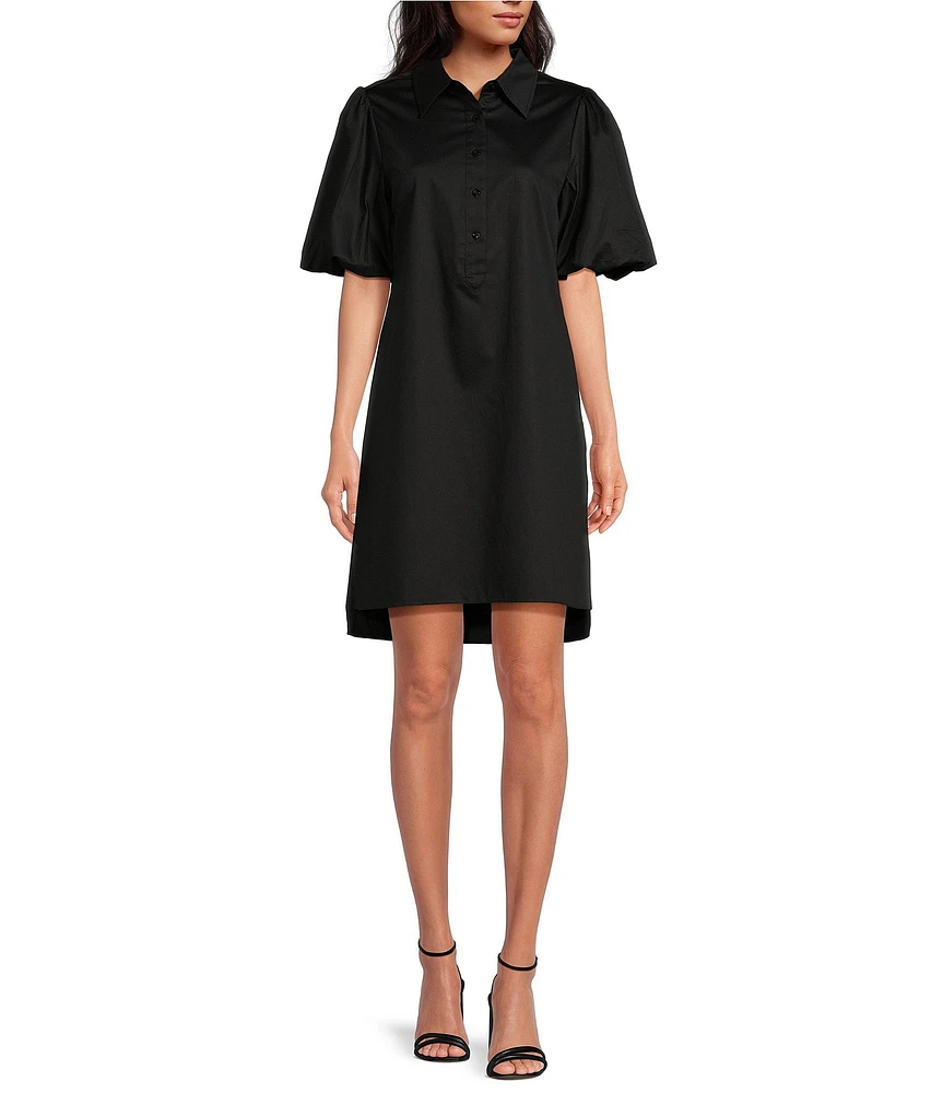 Trina Turk Riley Solid Cotton Sateen Point Collar Short Puff Sleeve Shift Dress